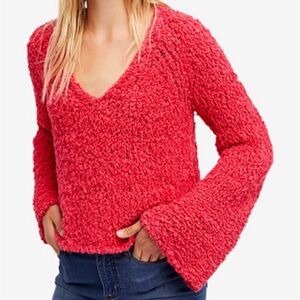 Free People Sand Dune Bell Sleeve Cotton Blend V-neck Sweater